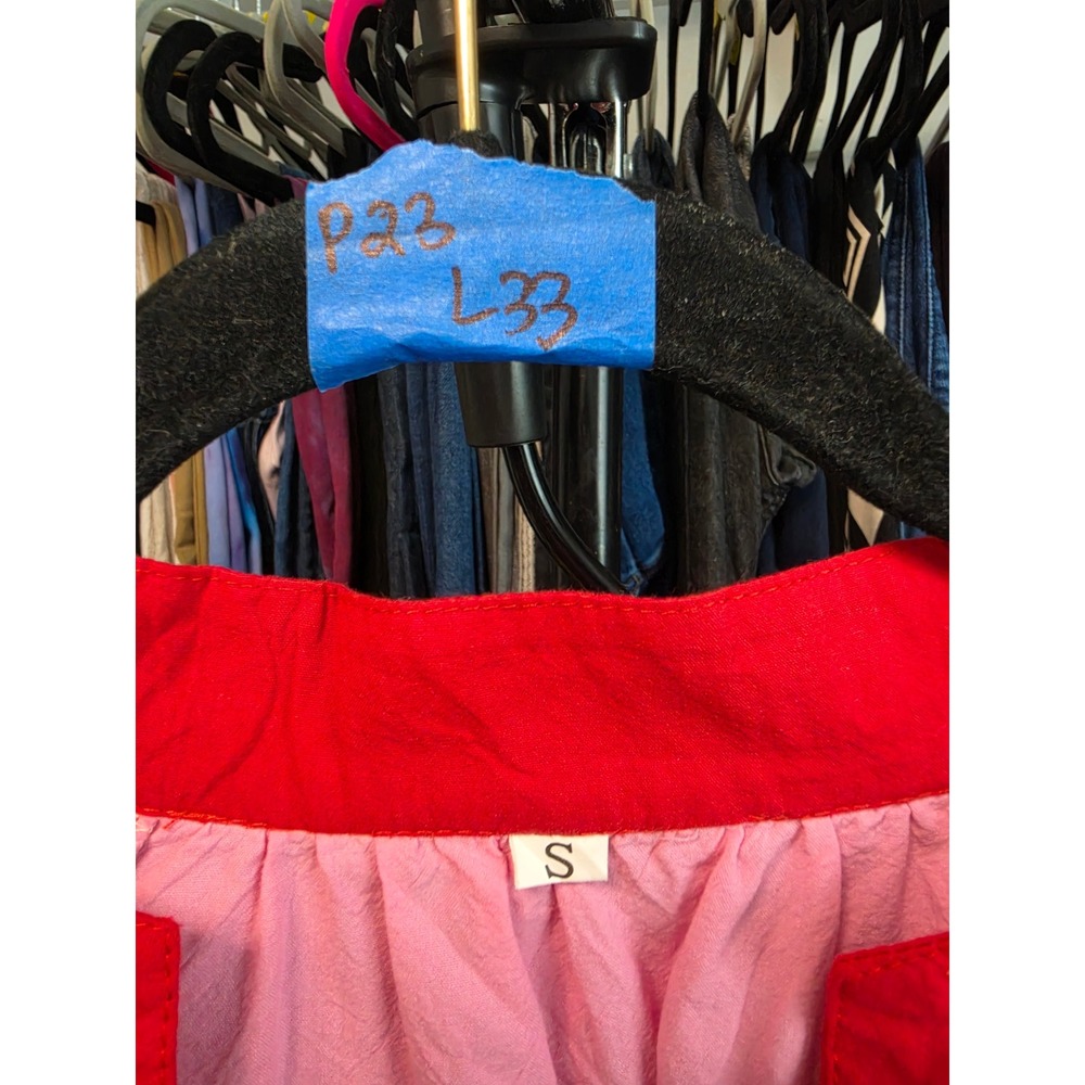 Fashion Pink Red Colorblock Cotton Tunic Mini Dress Short Puff Sleeve Small - Picture 4 of 5